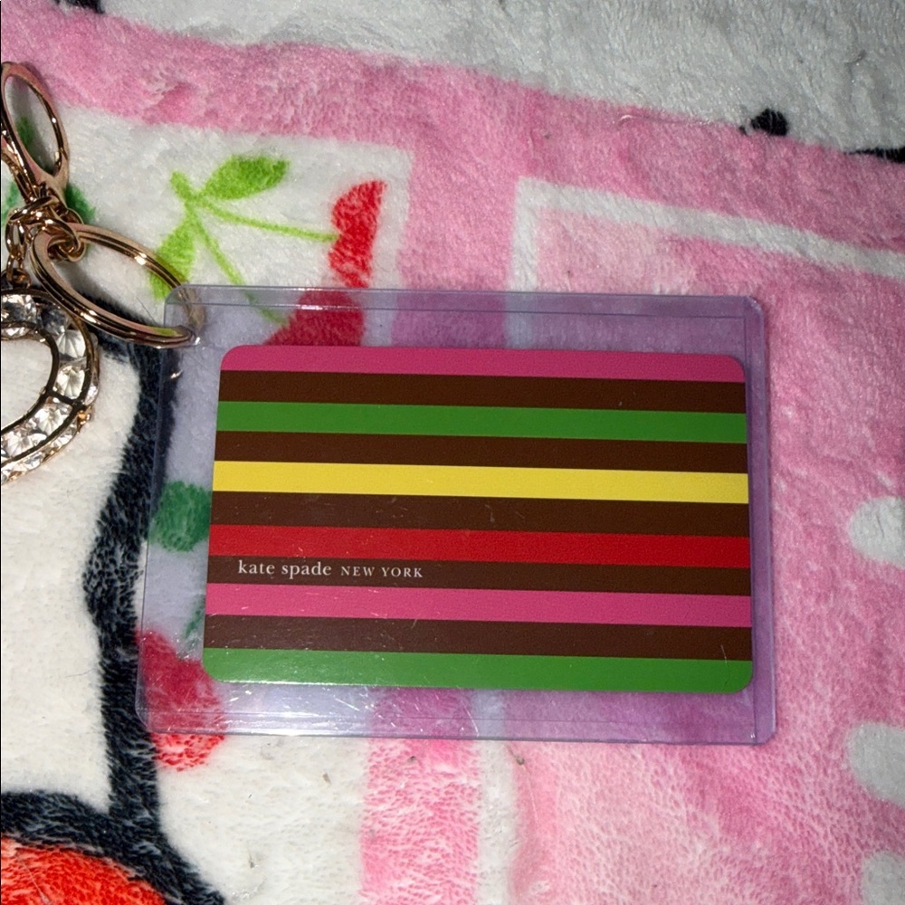 kate 🩷 spade Multicolor Striped Card Holder Keychain with Crystal Heart Charm